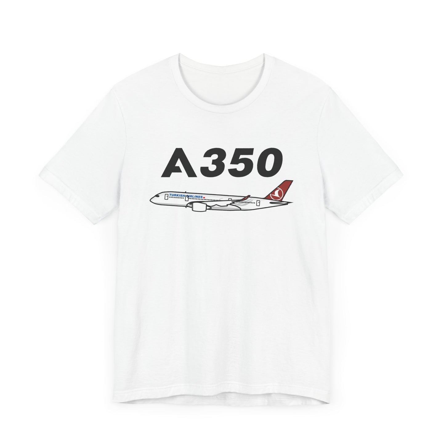 White t-shirt with an airplane design and 'A350' text on a white background
